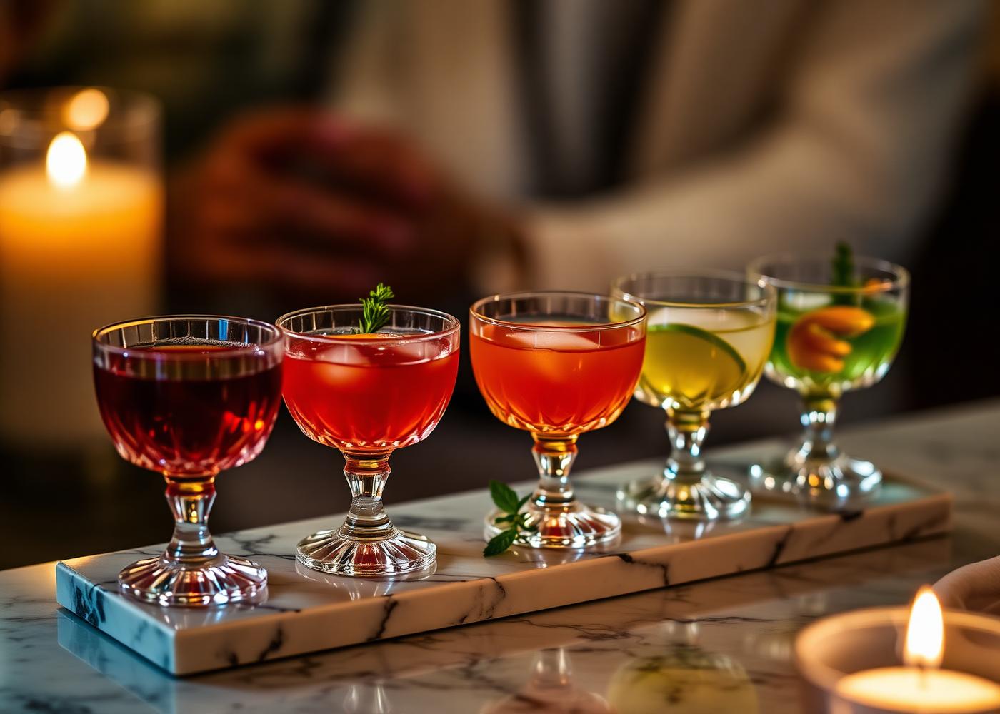 Intimate cocktail and mocktail tasting flight on marble