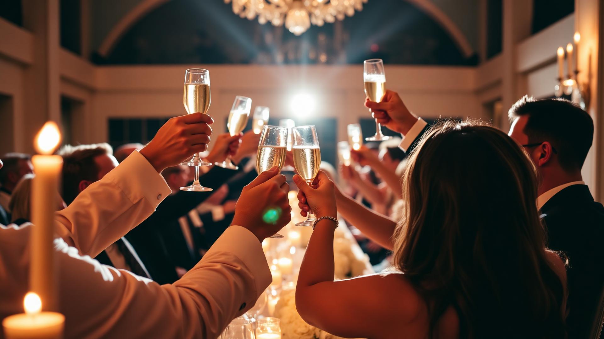 Guests raising crystal champagne coupes in a candlelit toast