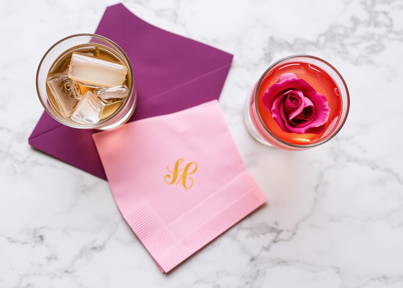 Custom monogrammed cocktail napkin and bespoke cocktails